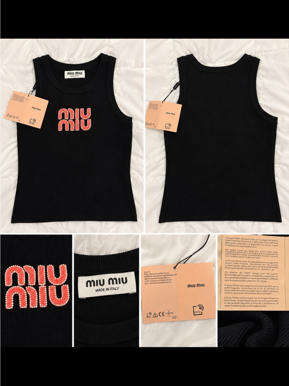 Miu Miu Black Sleeveless Ribbed Tank with Pink Beaded Logo